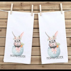 Easter Tea Towels, Set of 2, Waffle Weave Microfiber, Hoppy Easter